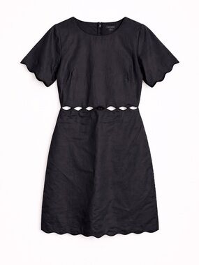 Ann Taylor Black Scallop Edge Midi Dress Linen Cutout Waist 6 Wedding Guest